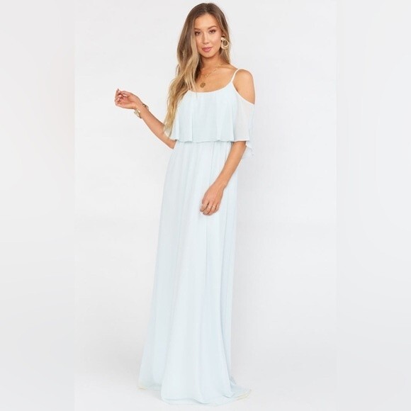 NWT Show Me Your Mumu Caitlin Ruffle Maxi Dress Icy Blue Chiffon Size Large - Picture 4 of 10